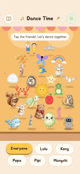 The Dance Time screen. The story friends stand together on a stage.