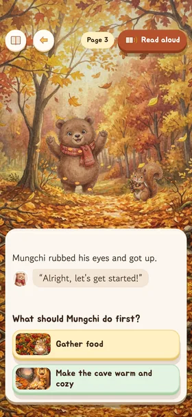 The choice page of “Sleepy Bear Mungchi Gets Ready for Winter”