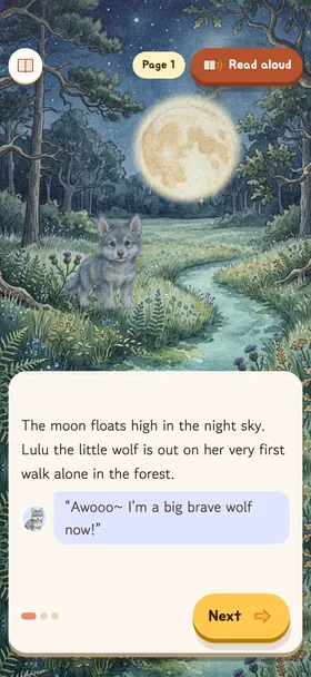 The first page of “Lulu the Little Wolf of Moonlight Forest”