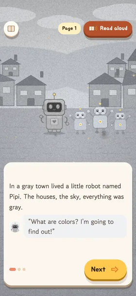 The first page of “Pipi the Little Robot Finds the Colors”