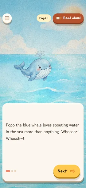 The first page of “Popo the Blue Whale Cleans the Sea”