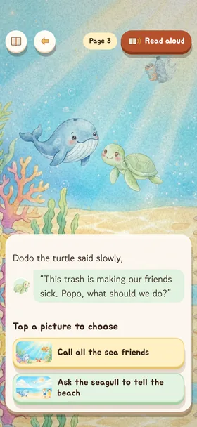 The choice page of “Popo the Blue Whale Cleans the Sea”