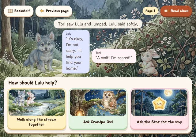The choice screen on a tablet held sideways. The friends' words float in speech bubbles.