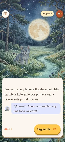 La primera página de «Lulu, la lobita del bosque de luz de luna»