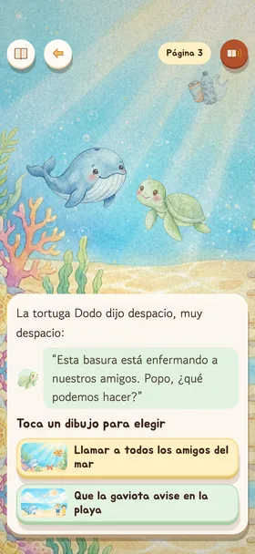 La página de elección de «Popo, la ballena azul, limpia el mar»