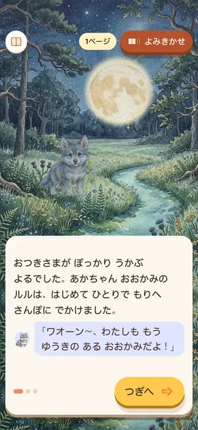 読む画面。ナレーションの下に、ルルの顔がついたふきだしがある。