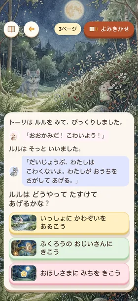 分かれ道の画面。絵のついた選択肢が縦に並んでいる。