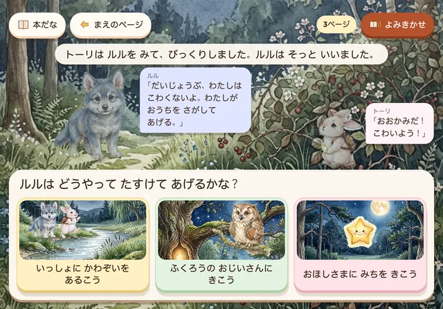タブレットを横向きにした分かれ道の画面。おともだちのせりふがふきだしで出ている。